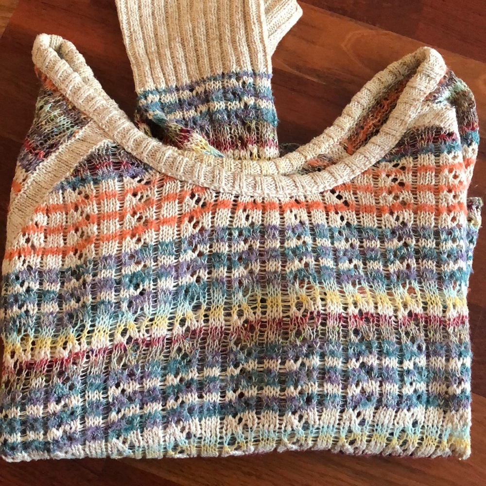 Free People rainbow crochet bell sleeve sweater. Size small.